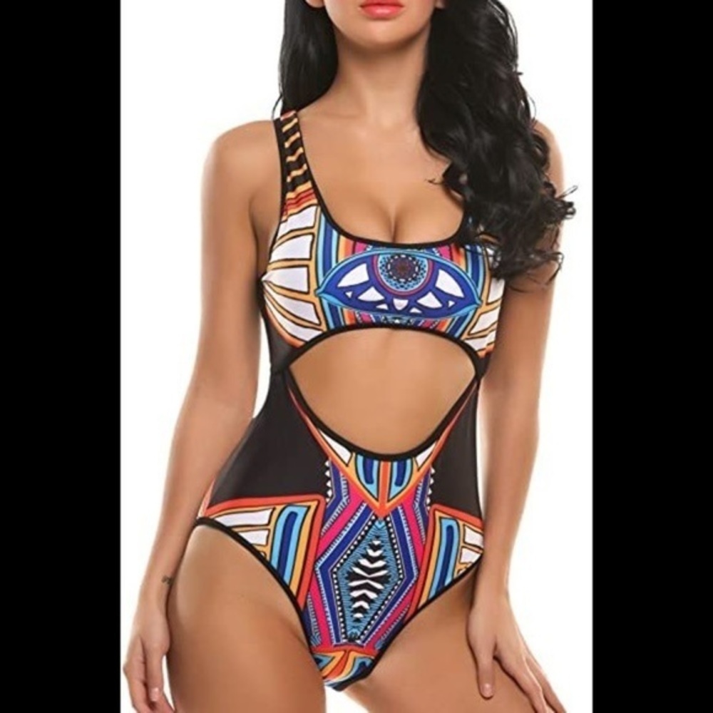 𝅺Ekouaer tribal cutout monokini swimsuit